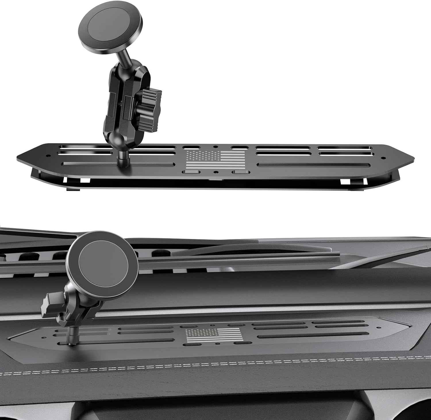 Stainless Steel Phone Mount for 2018-2023 Wrangler JL (NOT 4xe)&2020-2023 Gladiator Magnetic&Clamp Dual Heads All-Metal Shakeproof Original America Flag Design OEM Screws Dash Mount Install