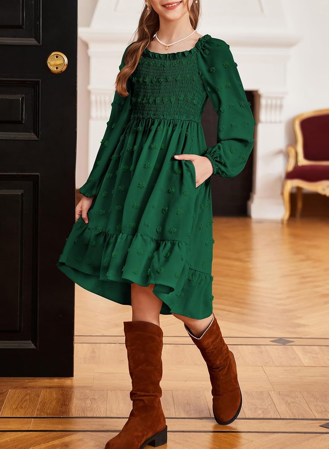 blibean Girls 2025 Fall Dresses Long Sleeve Polka Dots Pockets Dress Size 6-15 Years - Image 2