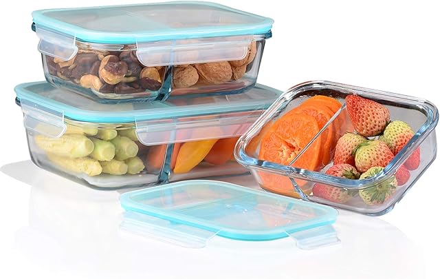 Amisglass Glass Food Storage Containers with Lids, 3 Packs Cereal Glass Meal Prep Containers with Lifetime Lasting Snap Locking Lids, Divided Glass Lunch Containers Food Container & BPA-Free