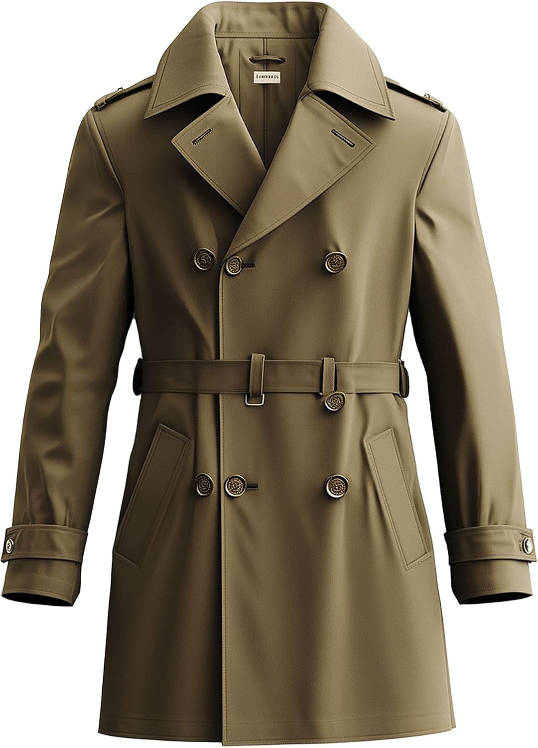 Mens Trench Coat Double-Breasted Coat Knee Length Storm Flap Olive Lapel Collar Multipockets Water Resistant Jackets