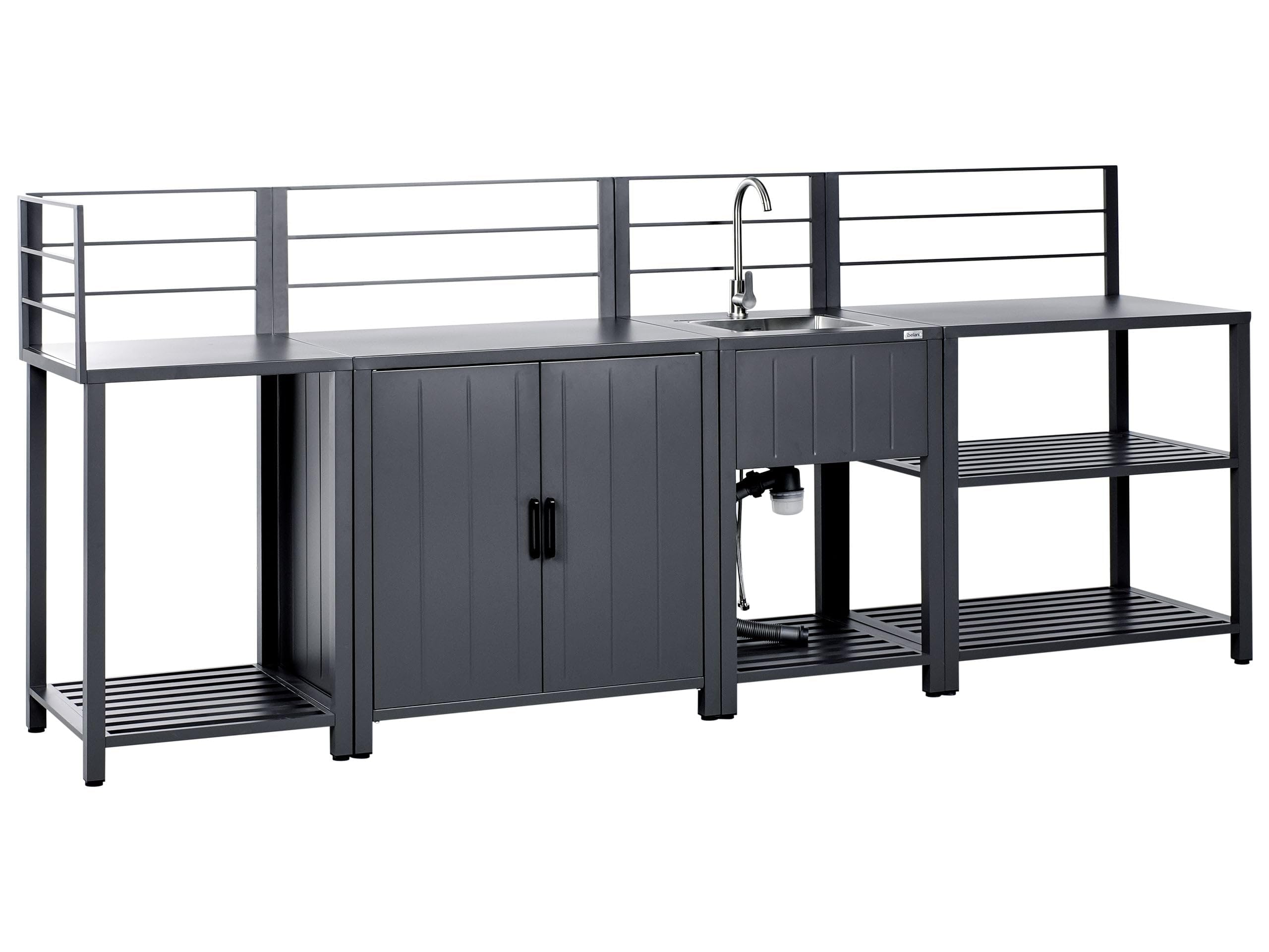 Beliani Set da Cucina da Esterno a 4 Pezzi con Mobile Contenitore in Alluminio Isola e lavello Grigio Grafite
