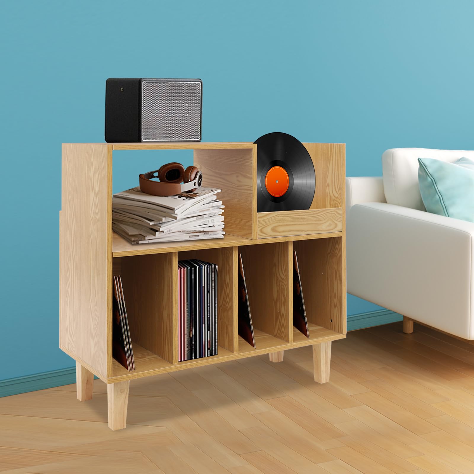 Supporto per giradischi, in legno multistrato con 6 scomparti, portata 45 kg, base rialzata, 82,6 x 80 x 40 cm, per dispositivi di riproduzione in vinile LP CD, per soggiorno