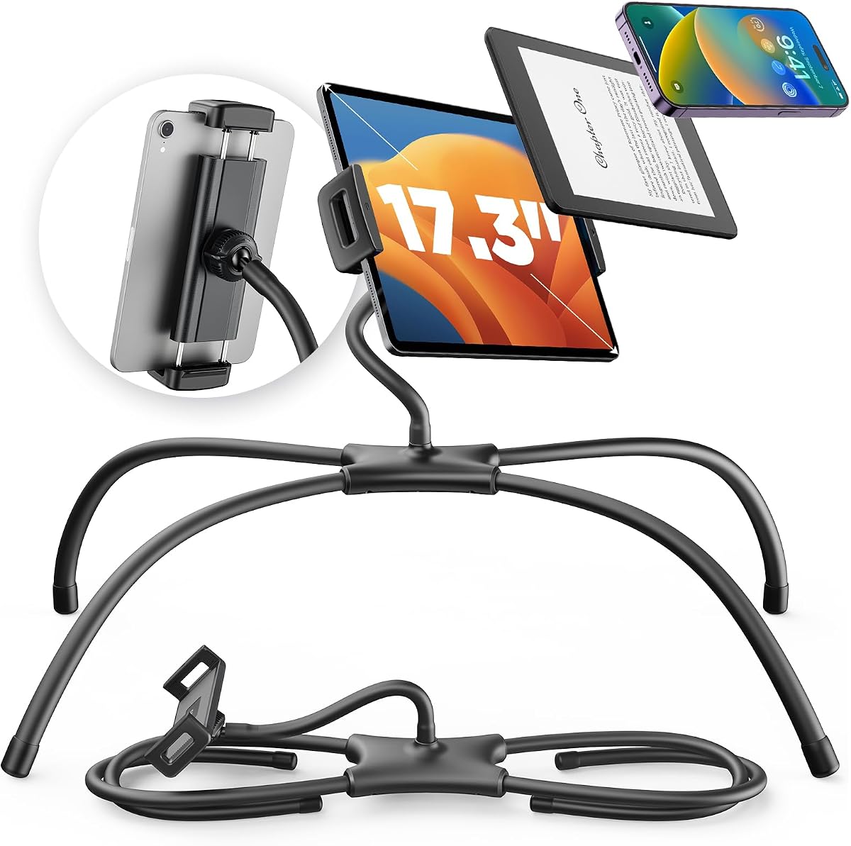 SAIJI Soporte para tableta para cama - Soporte para teléfono iPad para regazo (negro) | Se adapta a dispositivos de 4,7" a 15,6", clip giratorio de 360 ​​grados, lectura reclinada con manos libres, alivio del cuello y la postura