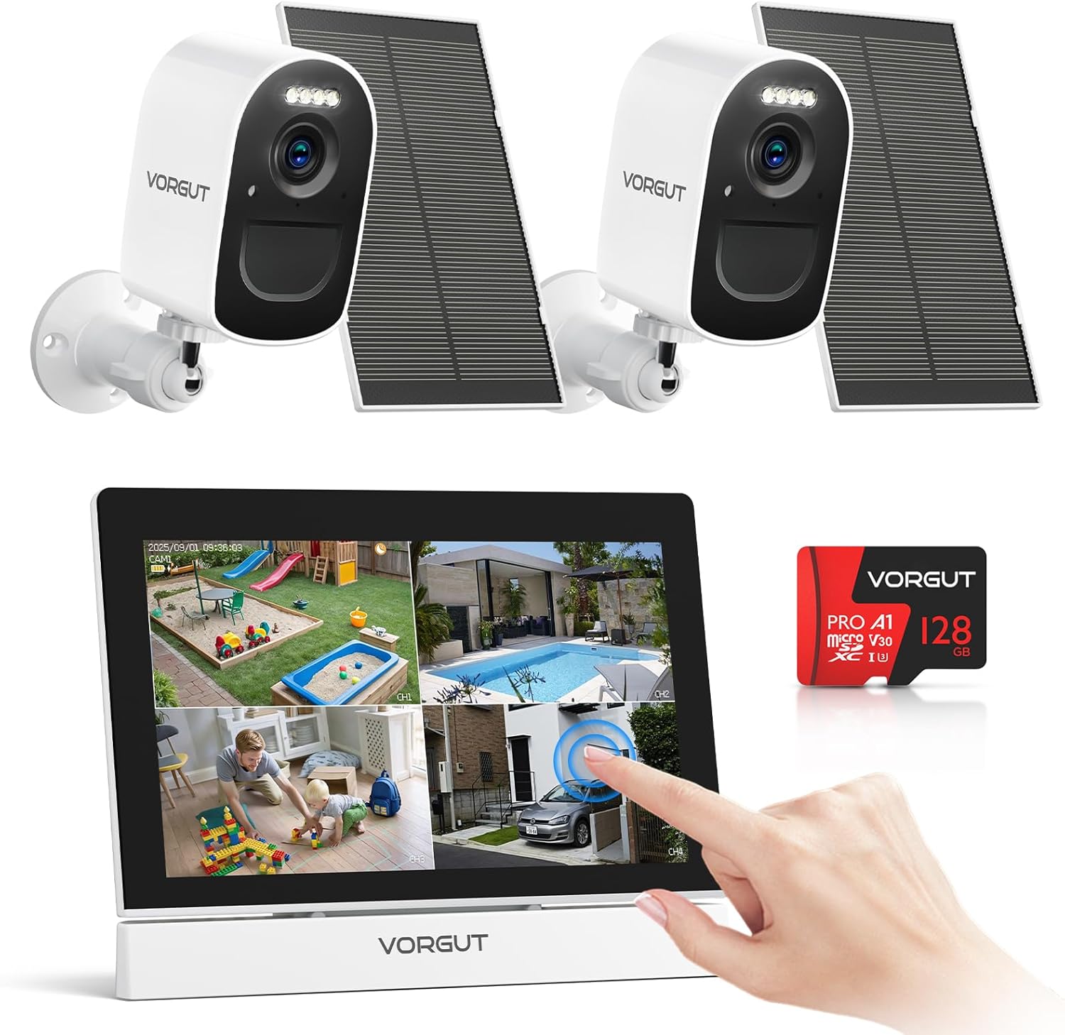 Solar Camera Wireless Outdoor System with 7″ Touchscreen Monitor, 2PCS 4MP Solar Powered Cameras for Home Security Indoor, Color Night Vision, PIR Human Detection, 2.4G/5G WiFi, 128GB SD Card