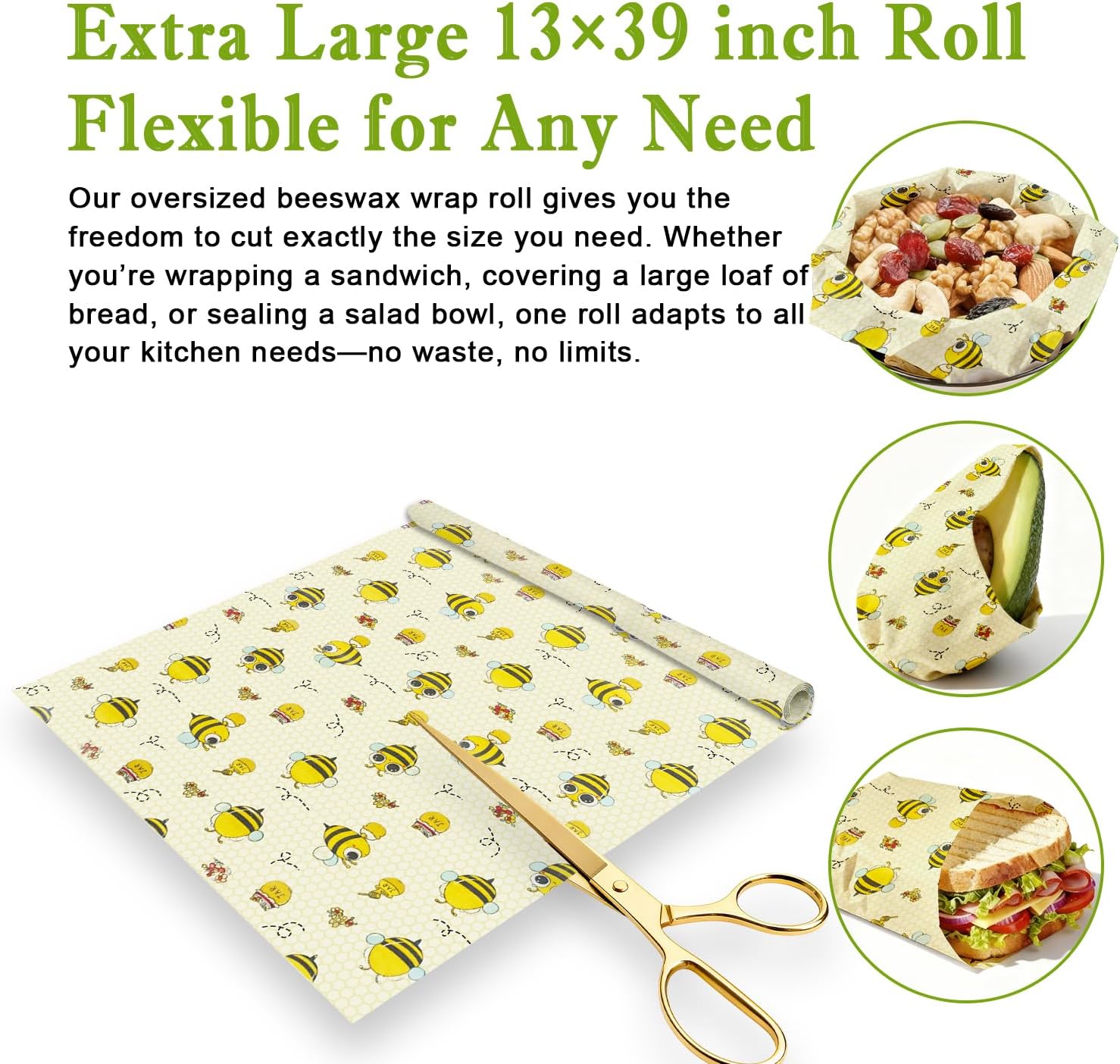 Reusable Beeswax Wraps For Foods, Cheese, Sandwich & Bread- 13 x 39'' Cut to Size - Eco-Friendly Food Storage Alternative to Plastic Wrap & Cheese Paper (Bee Pattern001, 13x39'') image 2