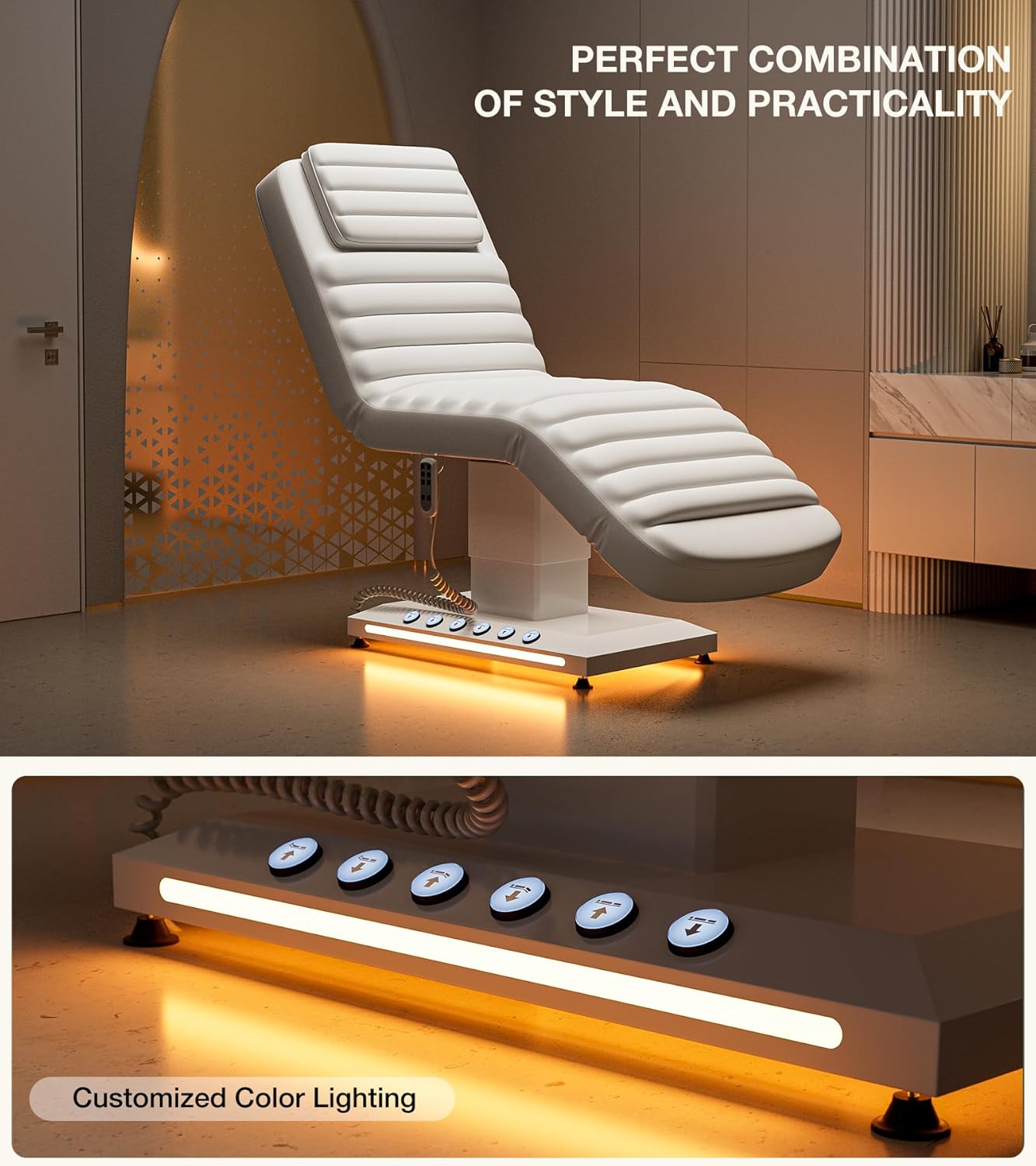 Paddie Luxury Fully Electric Spa Bed, 550lbs Esthetician Massage Table with LED Lights, Motorized Height & Angle Adjustable for Facial & Treatment, White