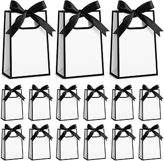 AmazingSpark 50 Pcs White Black Mini Gift Bags Bulk 6.3 x 3.9 x 2.8 Inch Party Favors Elegant Small Gift Bags with Handles and Ribbon Bows for Wedding Birthday Bridal Baby Shower Party Favors