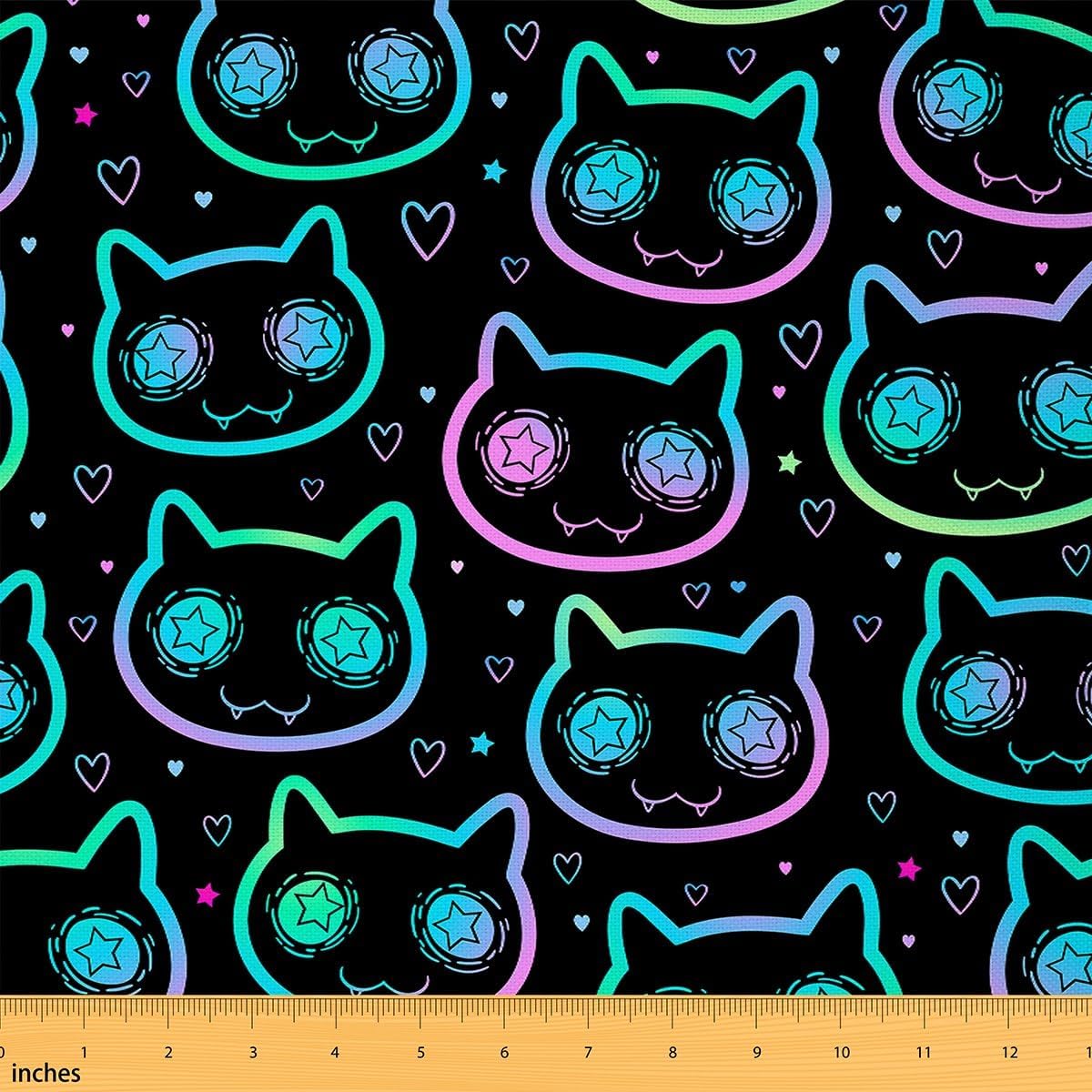 Erosebridal Cat Upholstery Fabric Pet Cat Fabric by The Yard Cute Cat Ombre Decorative Fabric Love Stars Indoor Outdoor Fabric for Kids Boys Girls,Black Colorful Waterproof Craft Patchwork 3 Yards