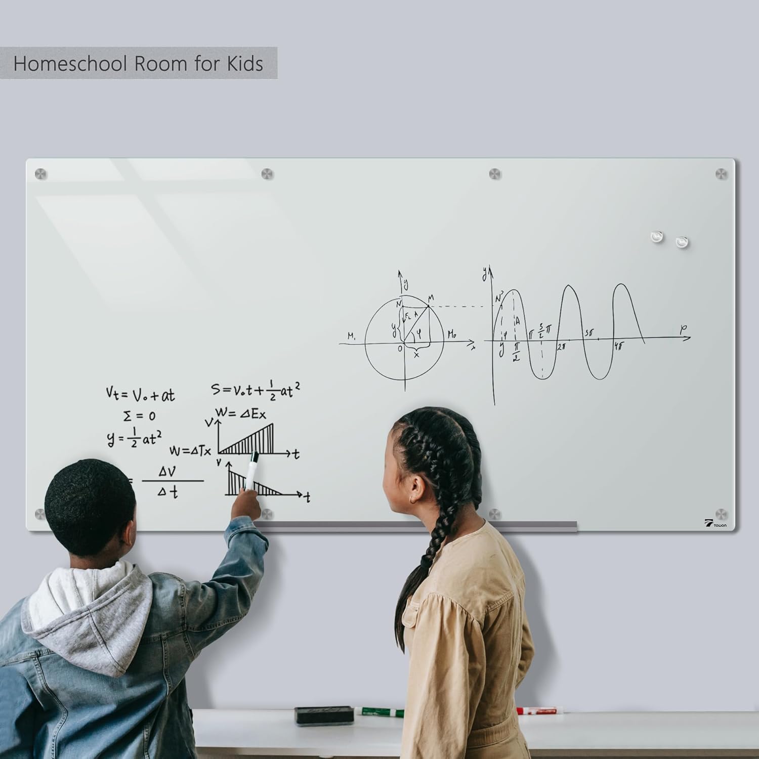 TOWON 8 x 4ft Whiteboard Huge, Glass Dry Erase Board Magnetic, 96 x 48 in, Infinity Frameless Mounting, White Surface, 4 Multi-Color Markers, 2 Strong Magnets, Pen Tray and Eraser