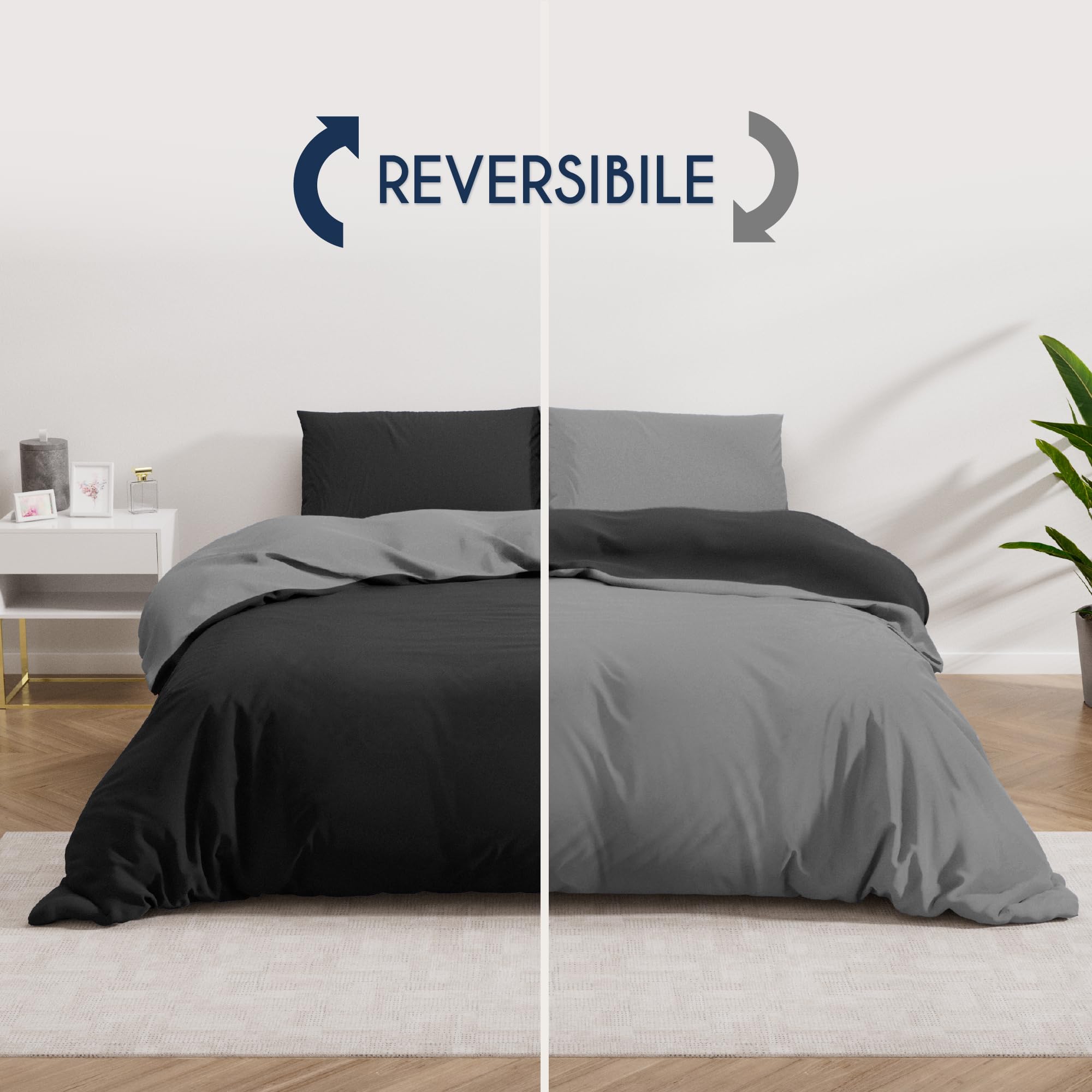 Dreamzie Copripiumino Matrimoniale 260x240 cm con 2 Federe 65x65 cm - Nero/Grigio Scuro Set Copripiumino Matrimoniale 260x240