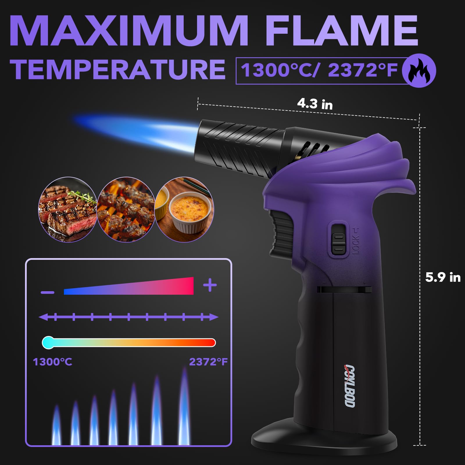 Encendedor de butano, ángulo giratorio de 0 a 90°, encendedor de butano, linterna de cocina recargable con bloqueo de seguridad (morado y negro)