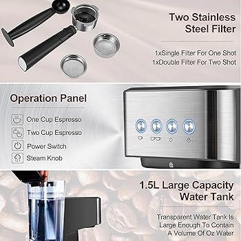 Cafetera Espresso semiautomática, cafetera con portafiltro, Potencia: 1050 W, presión 20 Bar, Capacidad depósito de Agua: 1,5 litros, Rejilla de Goteo extraíble de Acero Inoxidable2