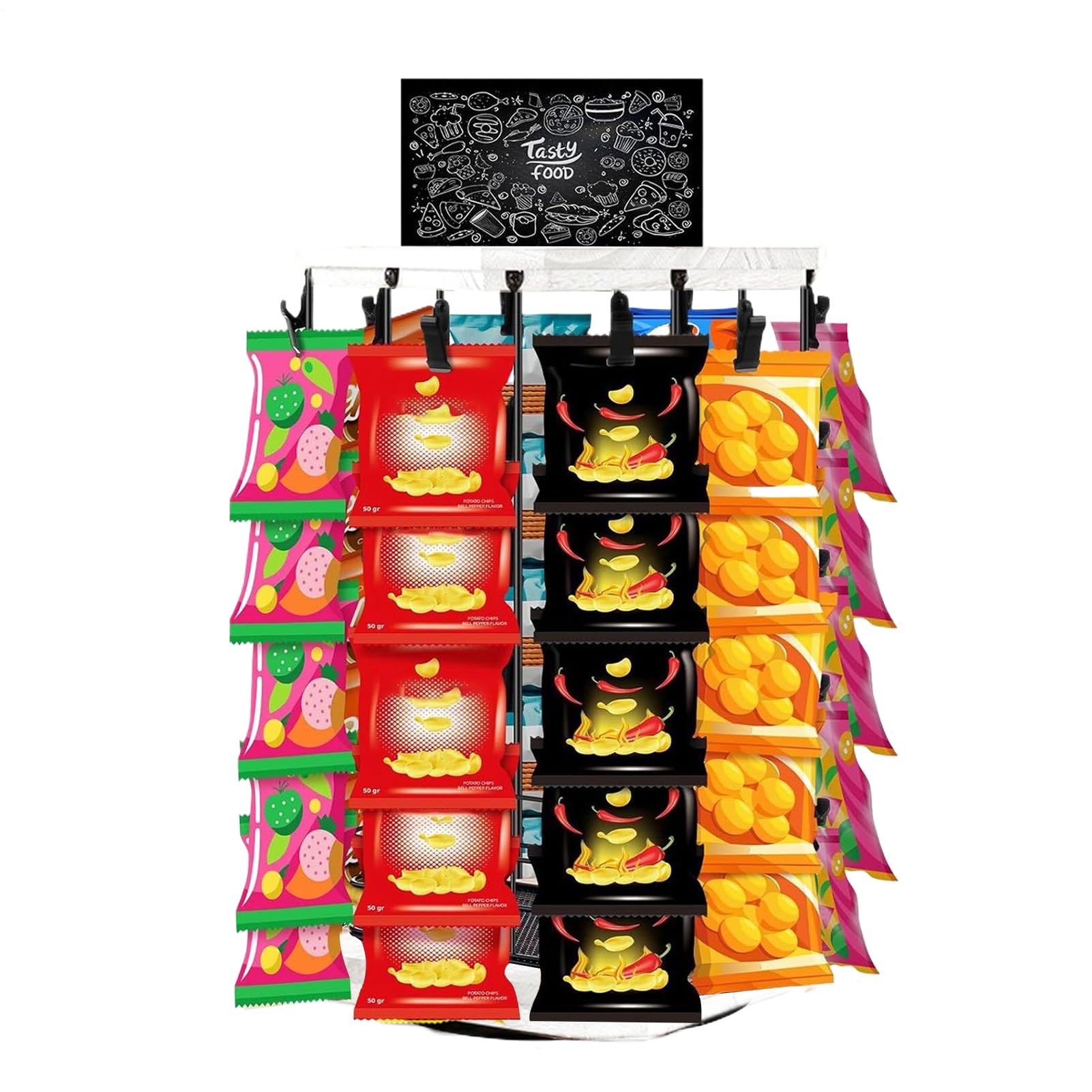 Espositore Snack da Bancone Porta Borse per Patatine Girevole | Bacheca Girevole 360° con Base in Legno, Organizzatore Alimentare per Caramelle e Cibo per Casa e Negozio