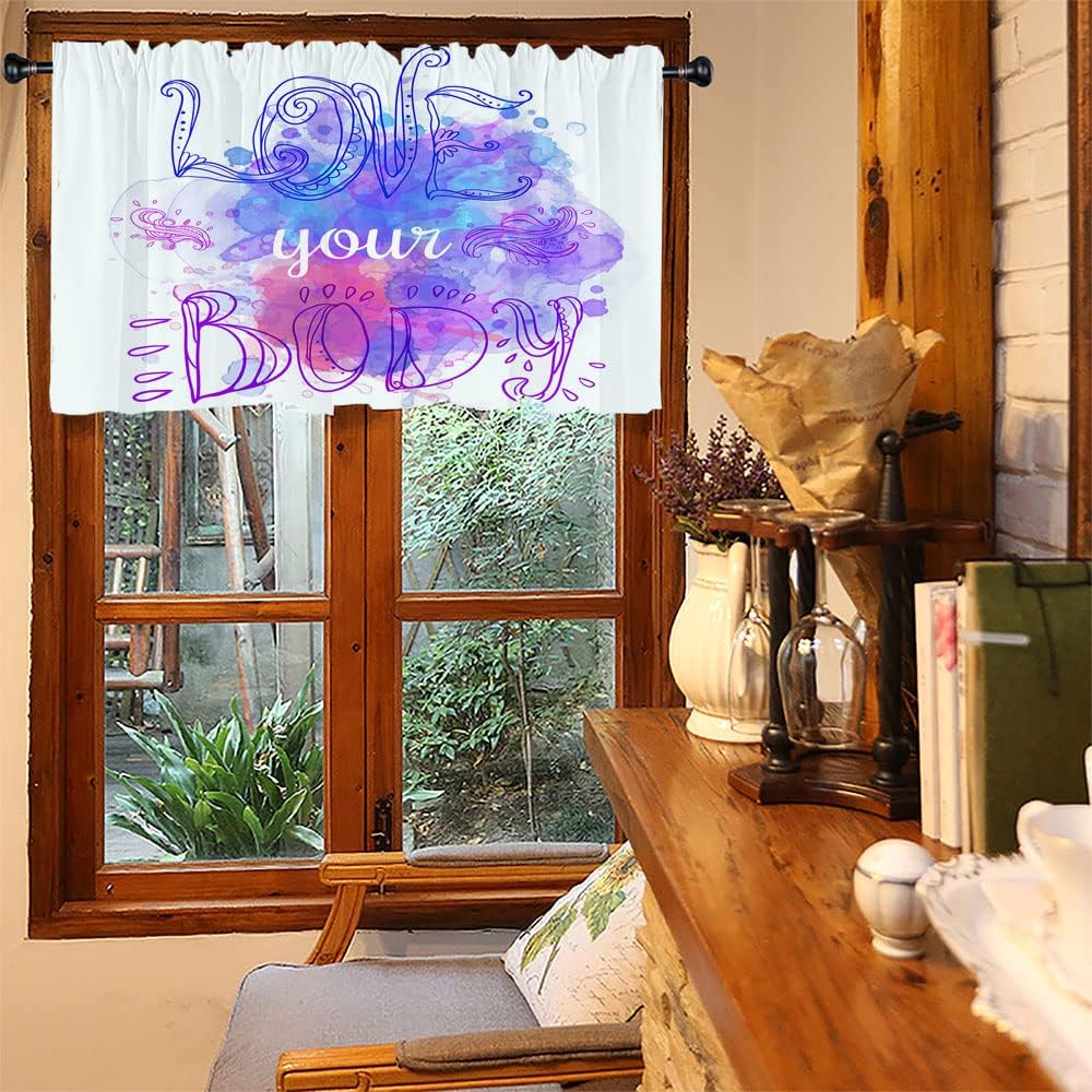 Short Curtains, Fitness Wide Pocket Curtain Valances, Tribal Style Love Your Body Calligraphy, 60" W x 18" L, for Living Room, Bedroom, Kitchen, Bathroom, Blue Purple White