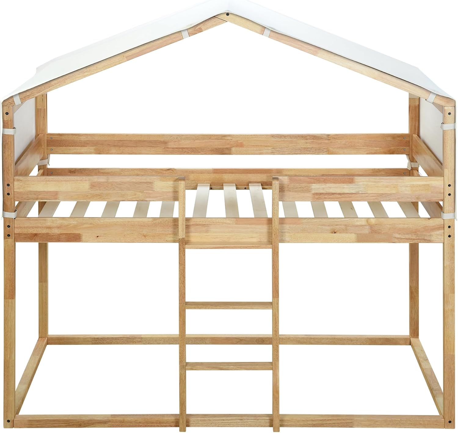 Bellemave House Bunk Bed with Tent, Twin Over Twin Floor Bunk Bed Frame, Kids Playhouse Bunk Bed with Roof and Ladder for Boys Girls Teens, Natural