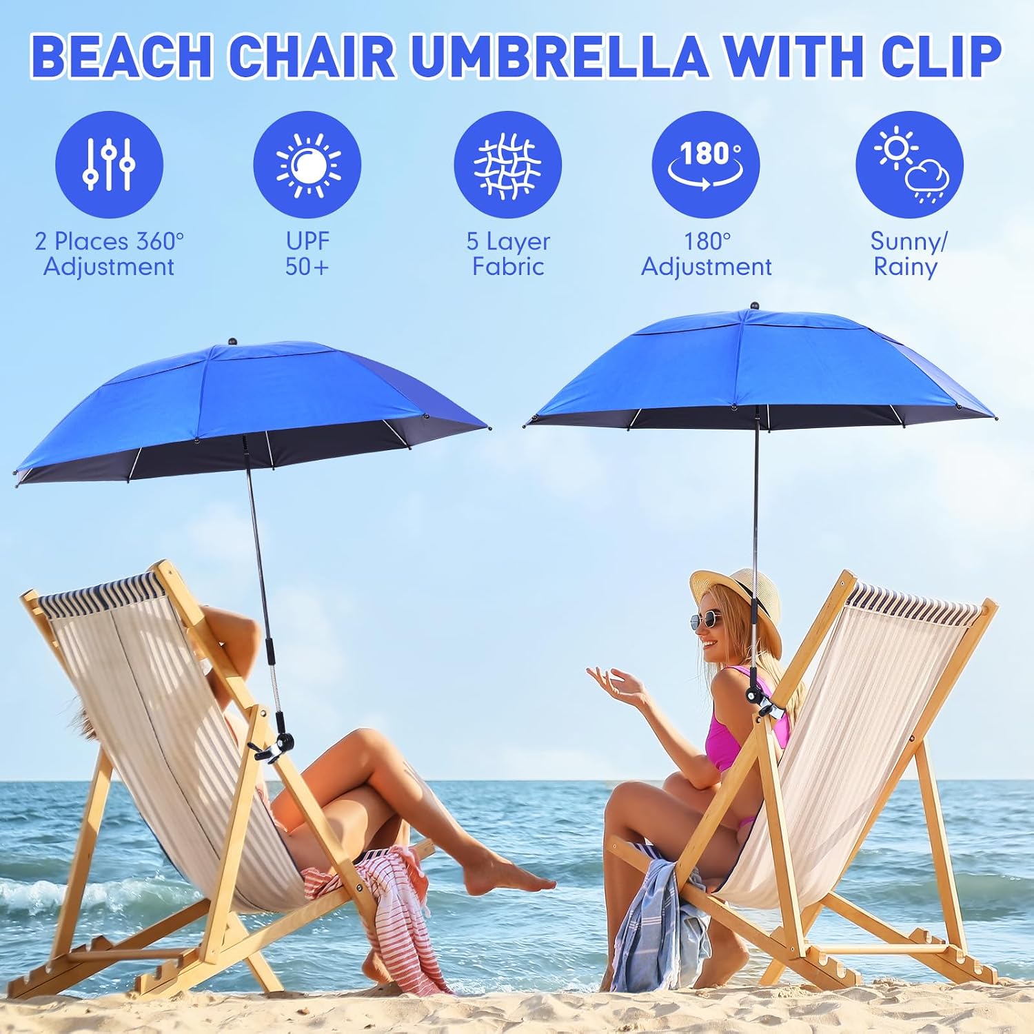 Nuanchu 2 Pcs 49" Double Canopy Beach Umbrellas with Clamp Upf50+ Beach Chair Umbrella with Clip 360 ° Adjustable Portable Outdoor Wheelchair Patio Golf Carts Camping Stroller Fishing