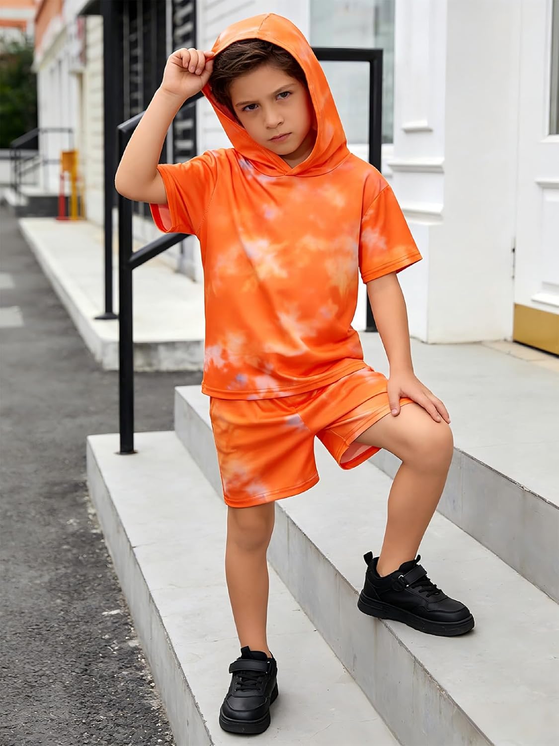 Boys 2 Piece Outfits Tie-Dye Hooded Short Sleeve T-Shirt and Shorts Set Summer Clothes for Kids 6-13 Years - Image 5