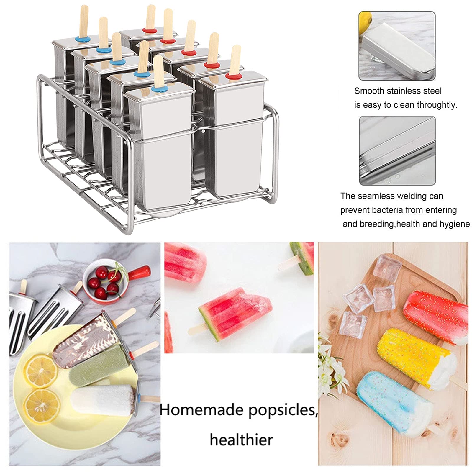 Molde para Paleta de Hielo, Molde para Helado con 10 Unidades Molde de Acero Inoxidable Popsicle Molde Pop Molde Metal Bandeja Reefrigerator Necesario Accesori,B