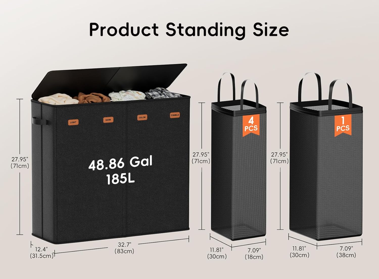 Laundry Hamper 4-Section with Lid, 185L Laundry Sorter with 4 Removable Bags + 1 Extra Large Bag, Switchable 3/4 Compartment, Laundry Basket Organizer for Bedroom, Laundry Room，Black