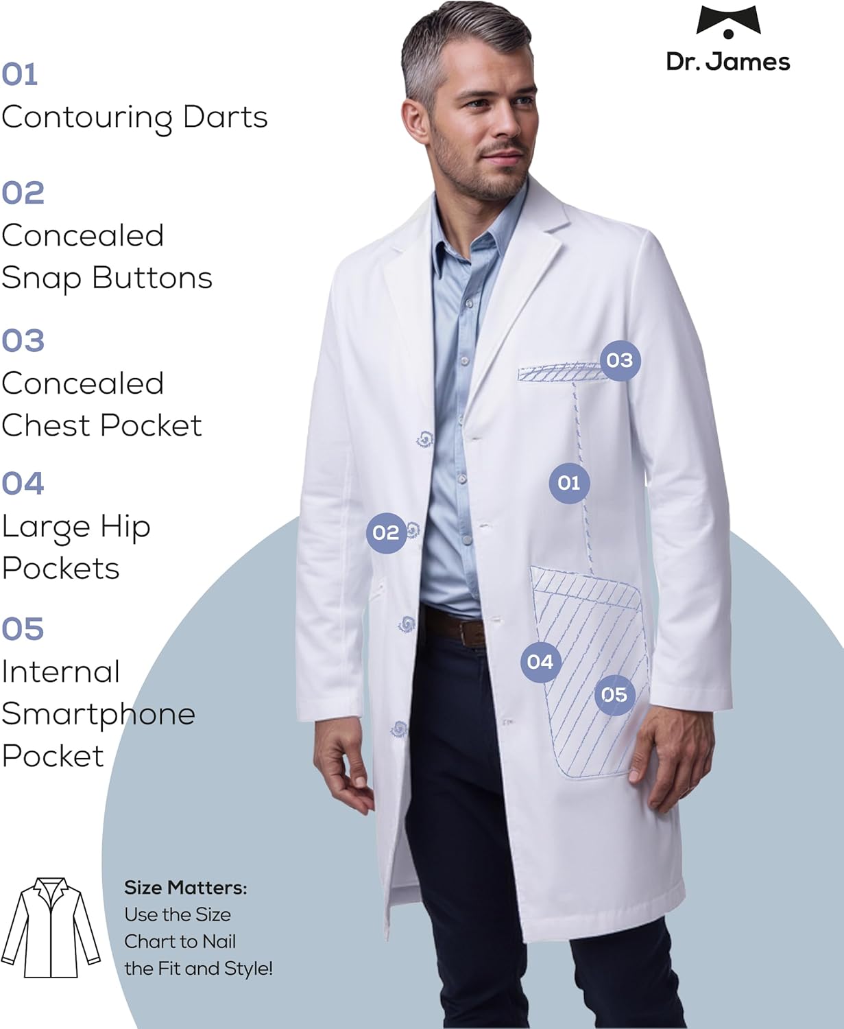Dr. James Premium Unisex Lab Coat, Multiple Pockets, Tailored Fit, Button Closing, 39" Length - Image 2