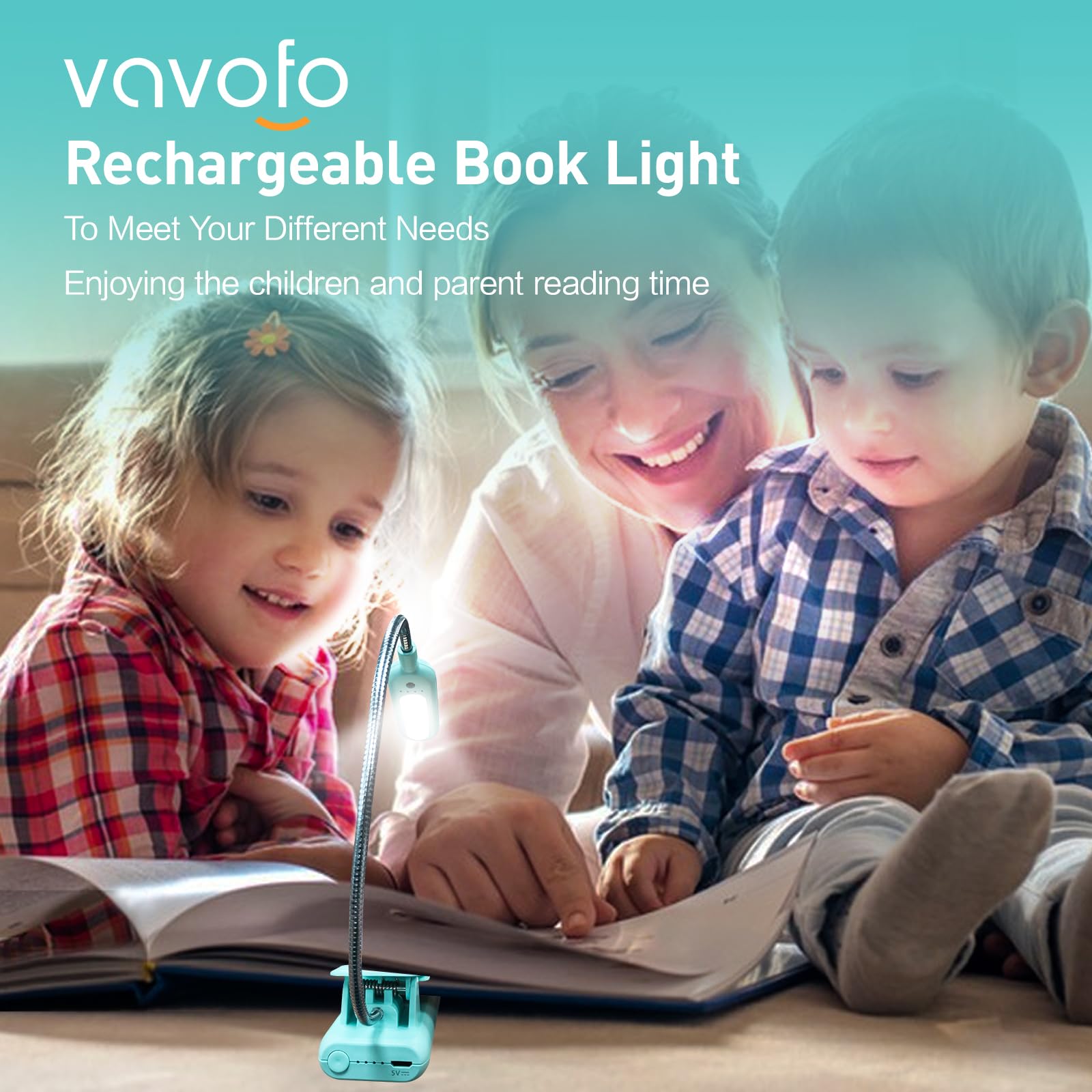 VAVOFO Luce ricaricabile per libri, blocco della luce blu, ambra 1600 K, luce da lettura con clip, 7 LED, luce per libri per bambini per leggere a letto con indicatore di alimentazione per topi di