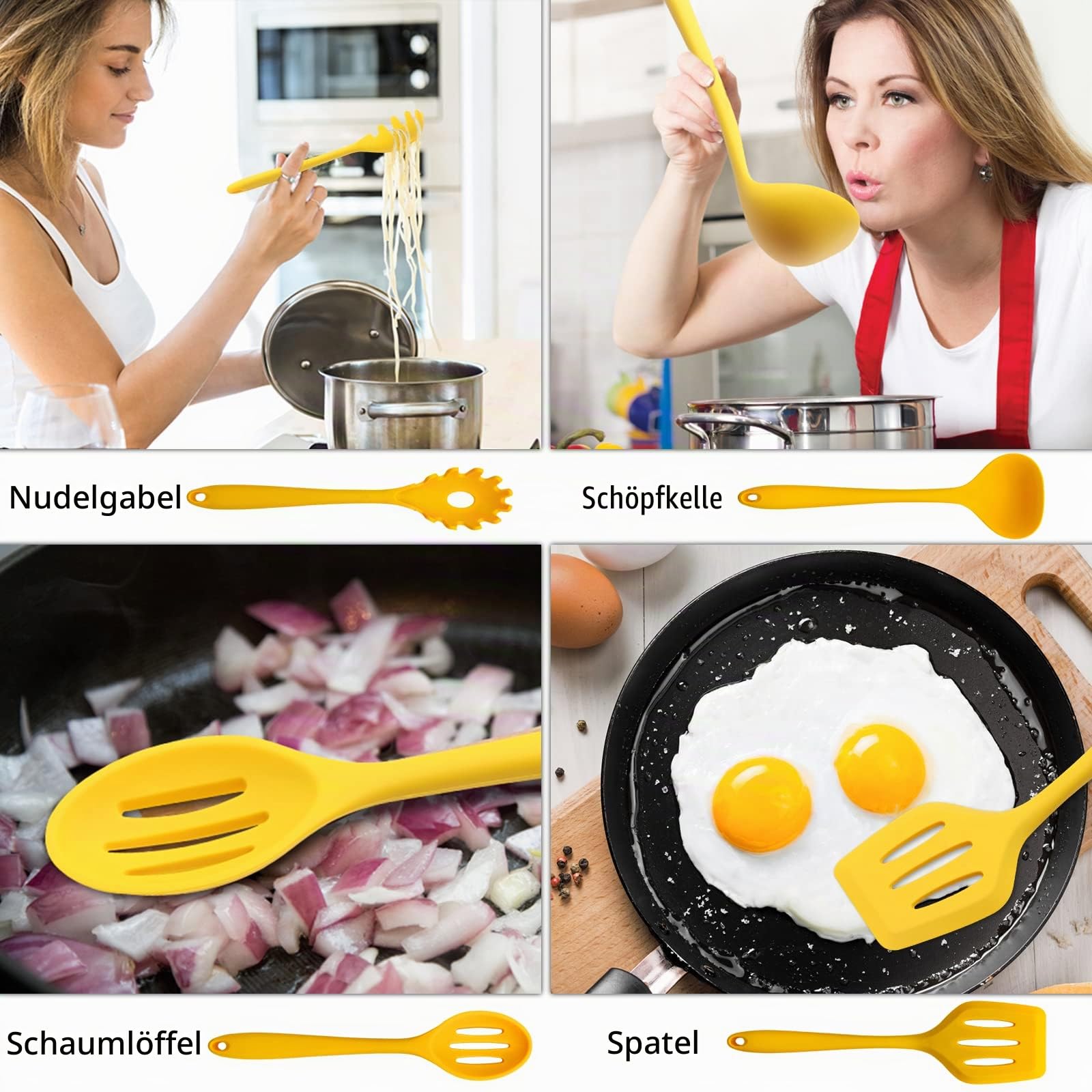 11-teiliges Kochutensilien-Set, Gelb Kochutensilien Set, Antihaft-Silikonspatel Set mit Eisenhalter, Silikon Küchenhelfer Set (Gelb)