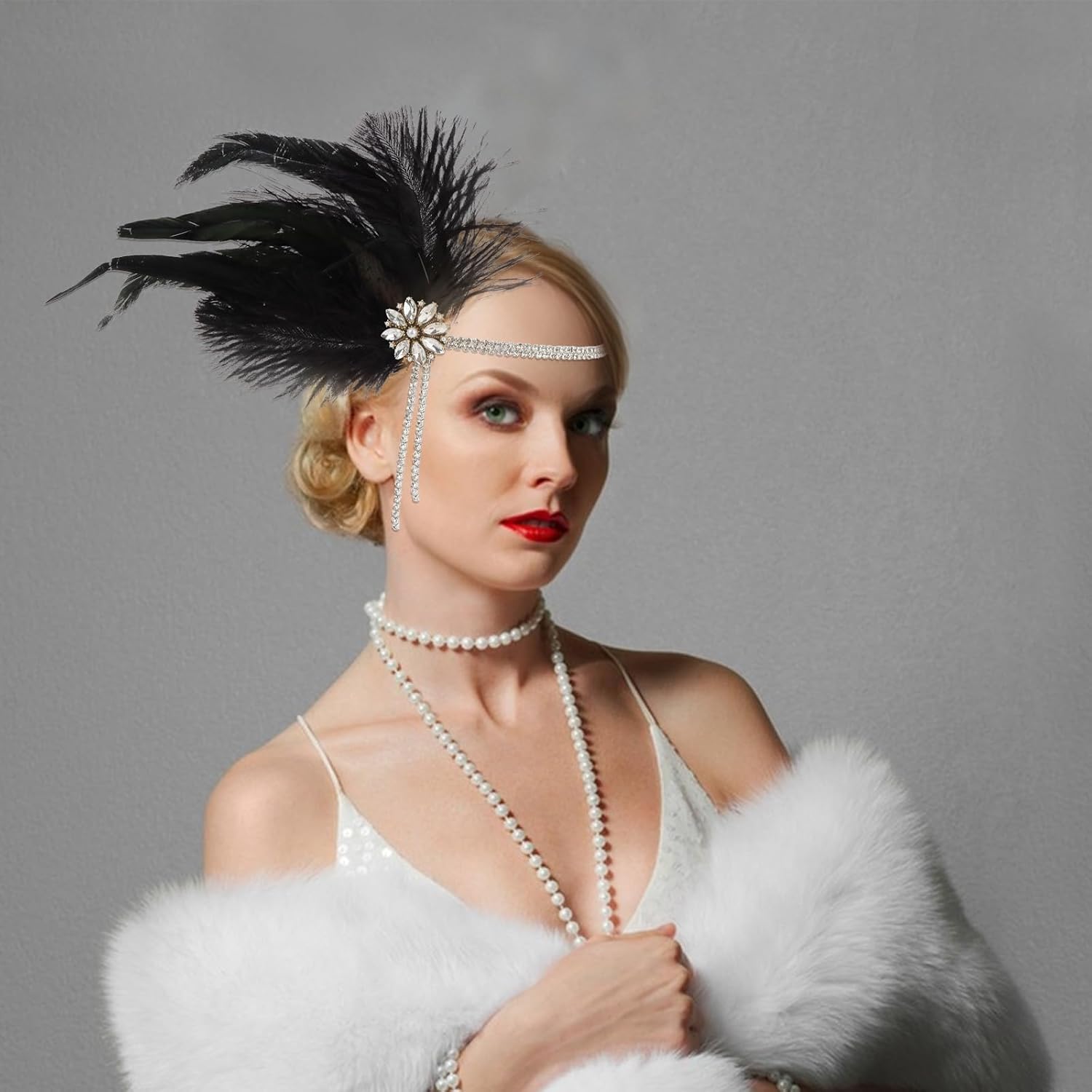 CURASA 1920s Flapper Headpiece Headband Great Gatsby Feather Hairband For Women Rhinestone Hair Accessoreis Showgirl Dresses Vintage Tassel Costume Outfits Roaring 20's Black Elastic Head Chain Party - Image 3