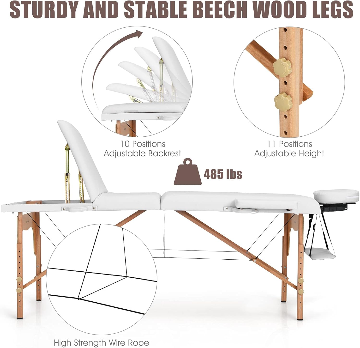 Giantex 84inch Folding Massage Table Lash Bed, Portable 3 Sections Spa Salon Tattoo Bed with Face Cradle Armrests Wooden Legs, Professional Massage Bed Height Adjustable with Carry Case (White) : Beauty & Personal Care