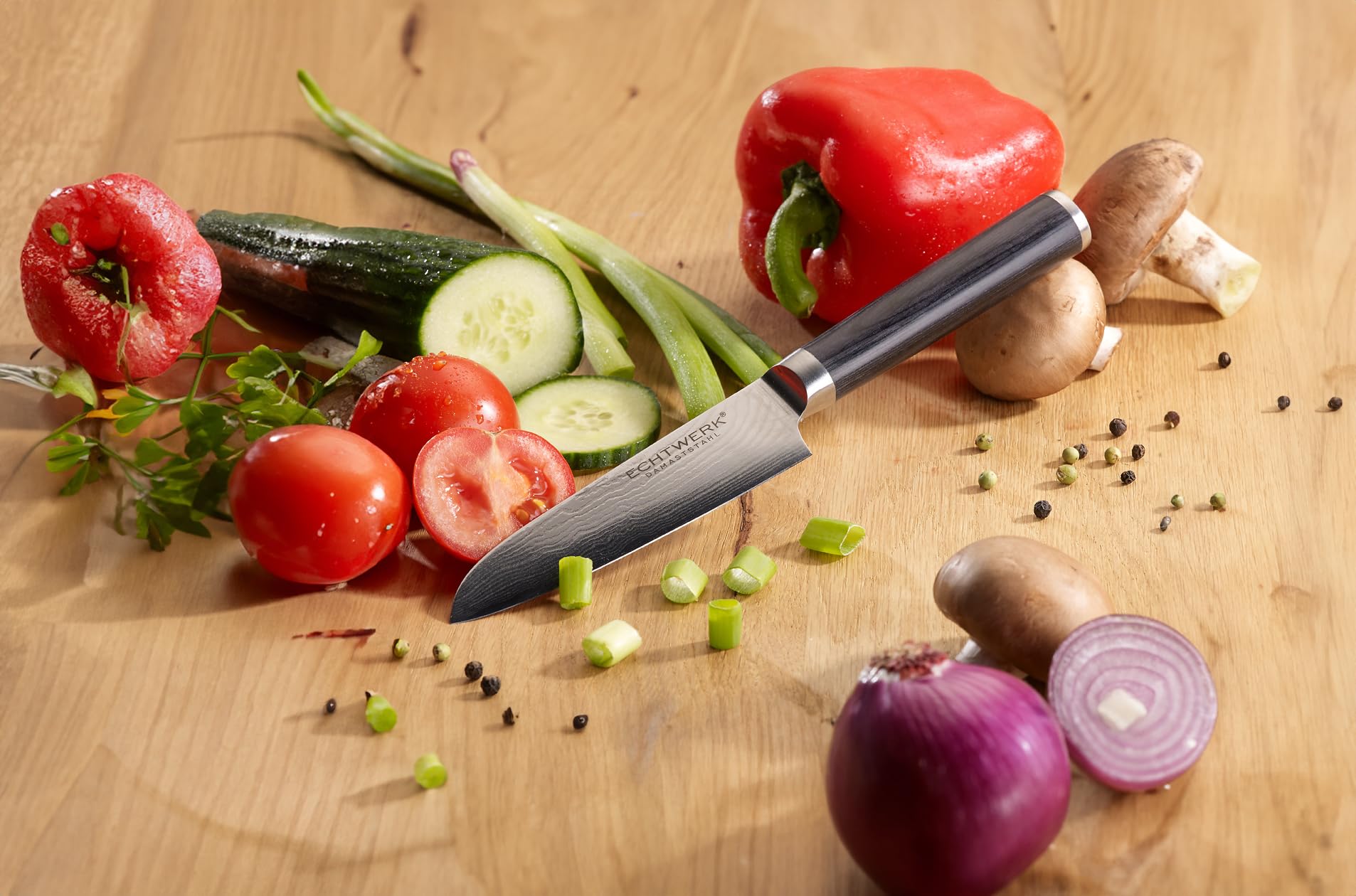 ECHTWERK Coltello Damasco, piccolo coltello santoku, coltello tradizionale giapponese, coltello da chef, coltello da cucina, lama affilata per tagli precisi di carne, pesce e verdure