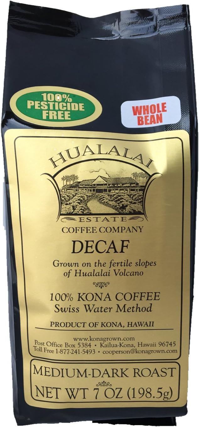 Hualalai EstateWhole Bean Decaf Kona Coffee - Medium Dark Roasted Hawaiian Grown Beans - Decaffeinated Pesticide-Free Premium Coffee (7 oz)