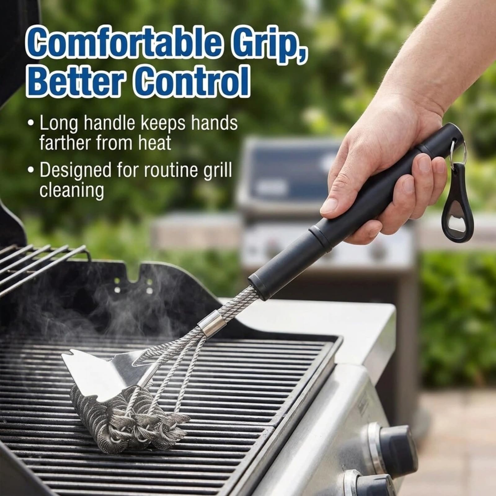 Grillbürste mit langem Griff & Flaschenöffner - Borstenfreier Edelstahl BBQ Scraper & Cleaner - Sicher für Porzellan, Weber, Gas & Holzkohlegrills - Ideales Geschenk für Papa & BBQ