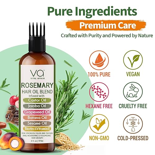 Miniatura 8 de VITAL AFFAIR Mezcla de aceite de romero puro para el crecimiento del cabello con ricino, batana, aceite de jojoba infundido con biotina y vitamina