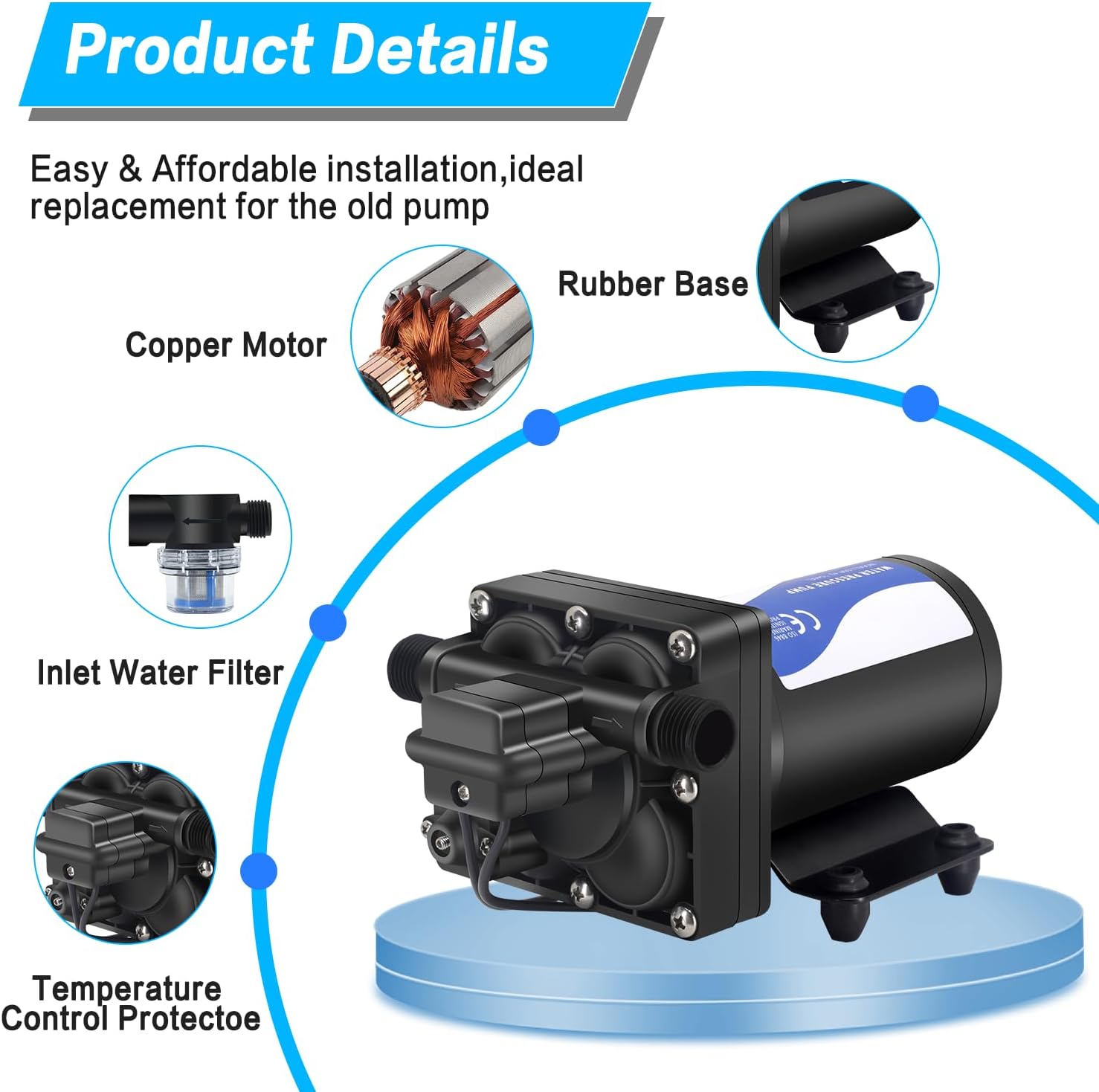 Water Pressure Booster Pump for Home 110V Fresh Transfer Diaphragm Water Pump with Plug for Garden Lawn 5.5GPM 75PSI High Pressure RV Water Washdown Pump for Bathroom Yacht Agricultural Irrigation - Image 5