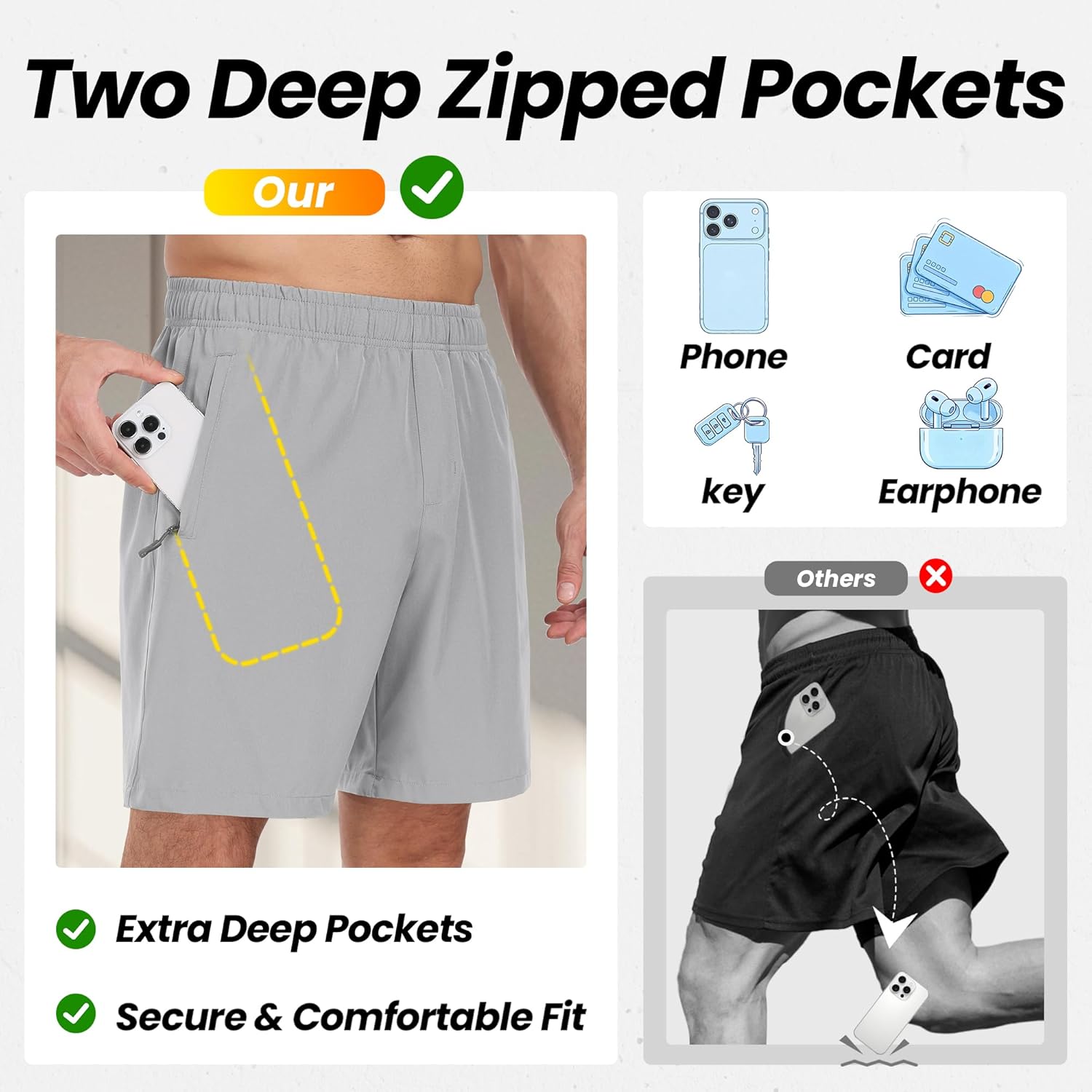 Men's Gym Workout Shorts 7 Inch Inseam Quick Dry Athletic Shorts with Zipper Pockets for Running Basketball