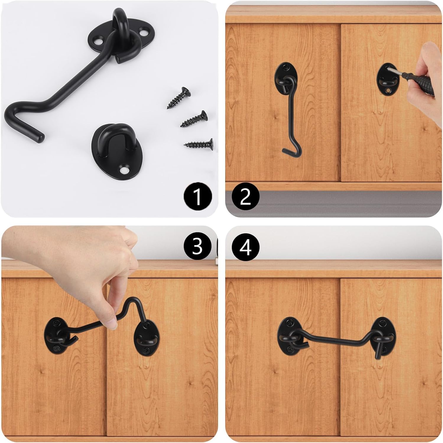 4 Pcs Door Lock Latches with 16 Pcs Screws, 4 Inch and 6 Inch Hook and Eye Gate Latch for Barn Door, Wood Fence, Window, Cabin Hooks
