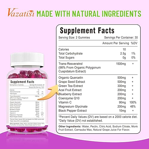 Miniatura 6 de Gomitas de resveratrol de alta pureza, 98% de trans-resveratrol con quercetina, coq 10, vitamina C, suplemento de reservatrol para antioxidantes,