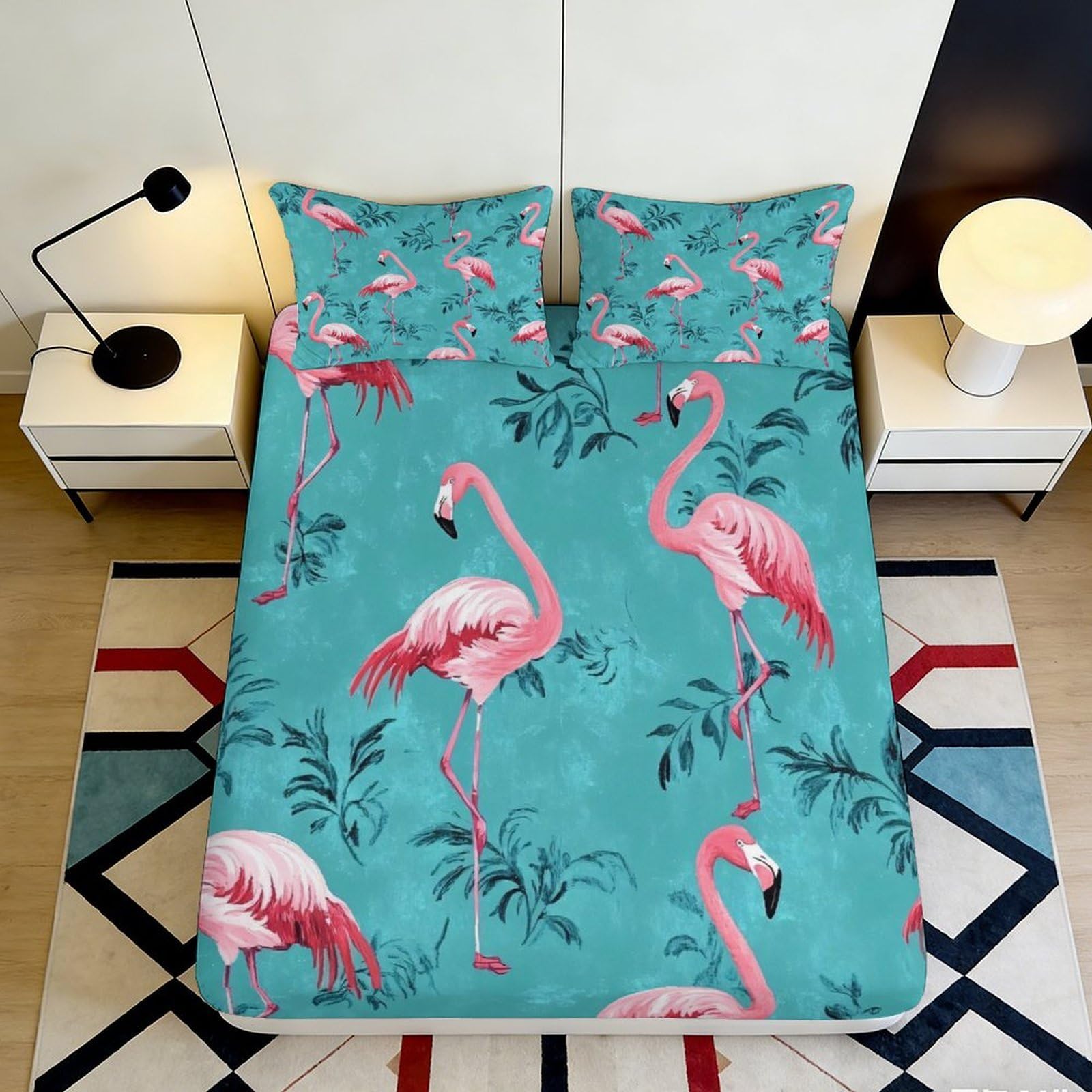 3D Printed Flamingo Tropical Fitted Sheet Microfiber Soft Mattress Cover for Bedroom Guest Room Dorm Room Decor 90x200x25cm