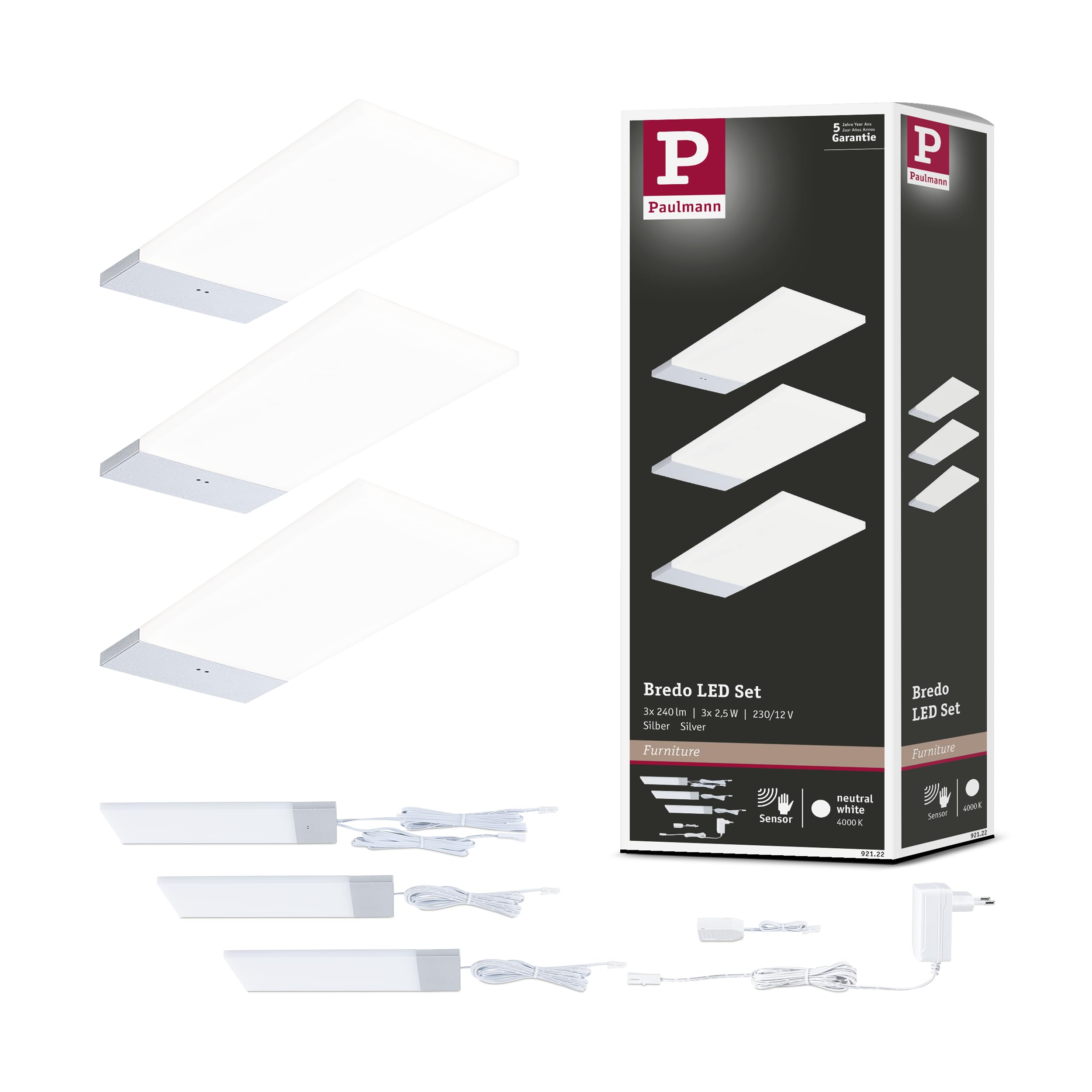 Paulmann 92122 LED Under Cabinet Bredo with Proximity Sensor Kit 3 4000K 2.5W 80x190mm 180lm Silver Surface Mounted Furniture Fixture
