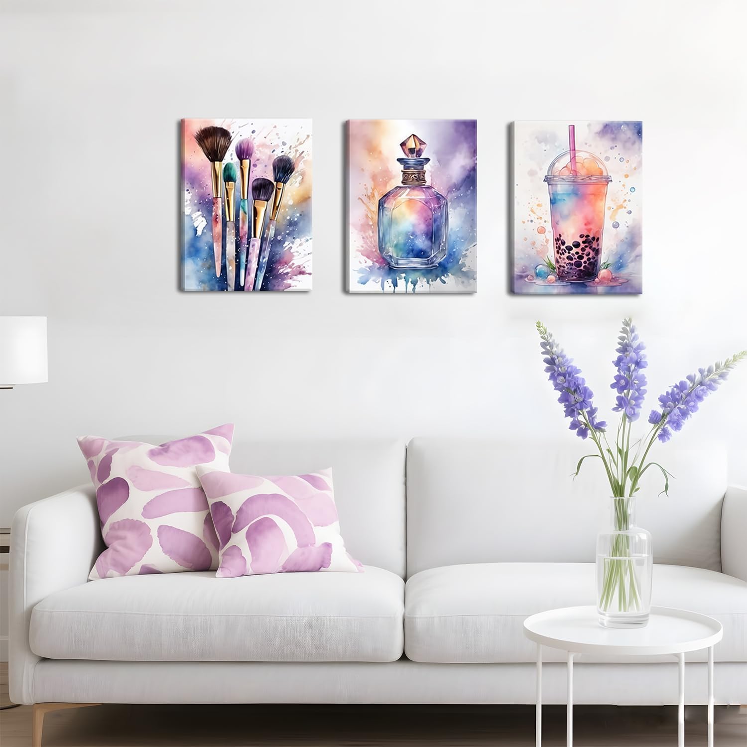 Framed Teen Girls Bedroom Wall Art Set of 3, Colorful Fashion Makeup Brush Perfume Pictures Wall Decor Paintings, Watercolor Drink Prints Aesthetic Home Decor for Living Room Bathroom Dorm 12x16 inch