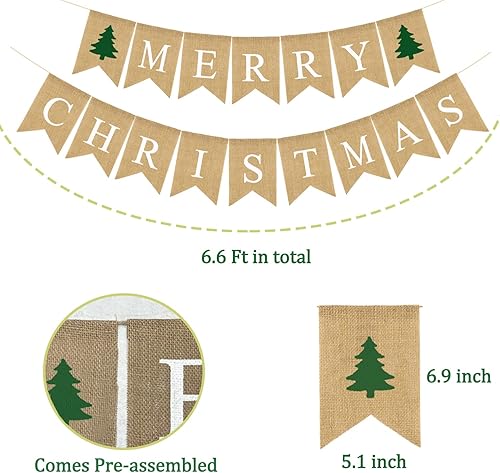 Miniatura 2 de Cartel de arpillera de Feliz Navidad, árbol de Navidad, rústico, vintage, guirnalda de banderines de Navidad para suministros de fiesta de Navidad,