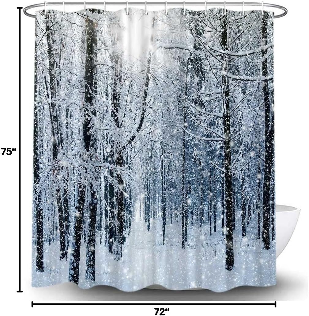 JAWO Winter Snow Forest Shower Curtain, White Trees Woods Rustic Nature Scene Bath Curtains Set, Polyester Fabric Upgrade Bathroom Accessories Decor 12 Hooks Included, 72X75 Inches