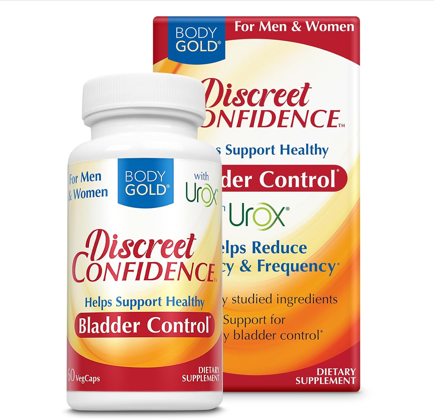 Body Gold Discreet Confidence - Helps Support Bladder Control, Reduce Urgency and Frequency - Bladder Support with Urox, Cranberry Extract, Gluten Free, Vegan, 60-Day Guarantee, 30 Serv, 60 VegCaps