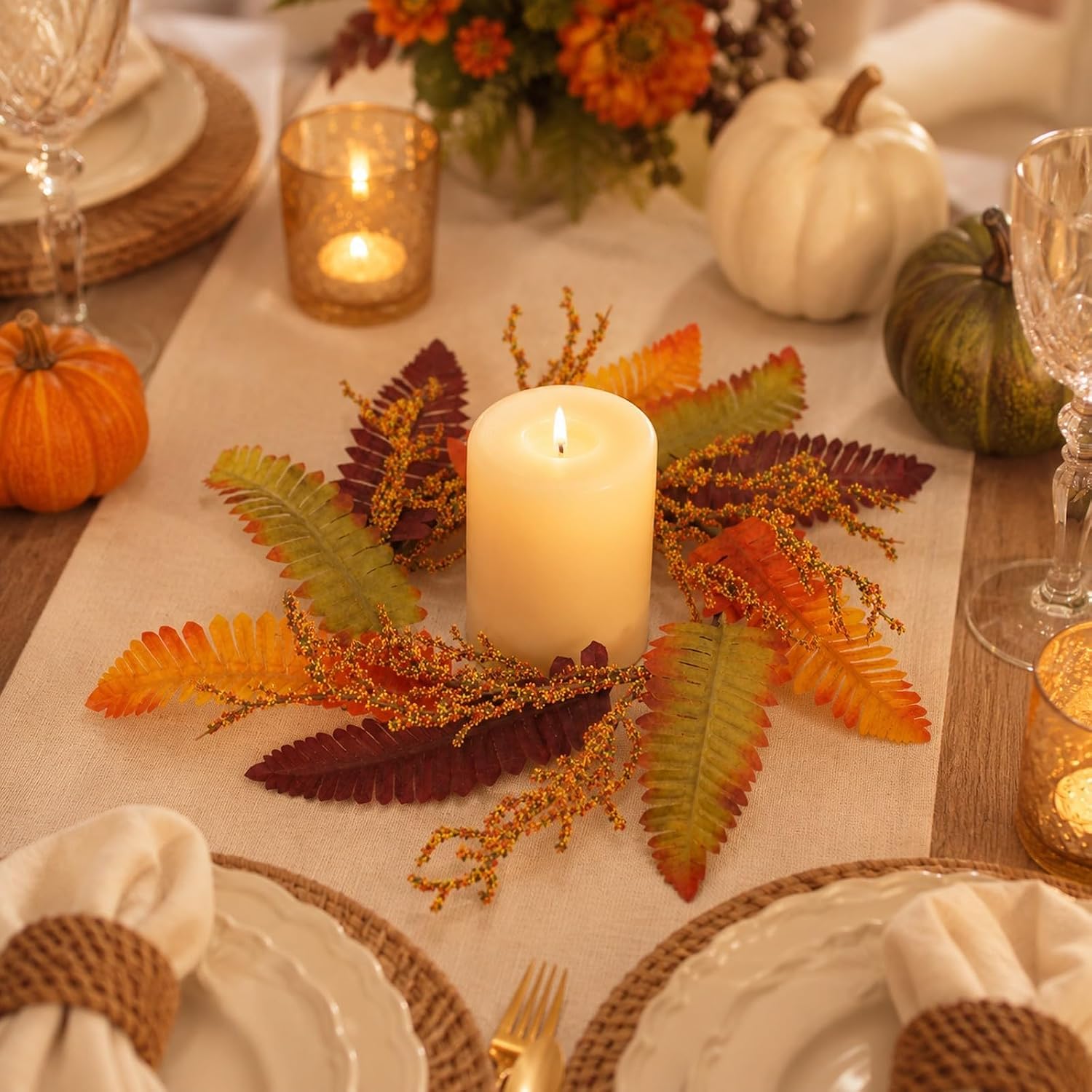 LUOZZY Fall Candle Ring with Artificial Maple Leaves Table Wreath