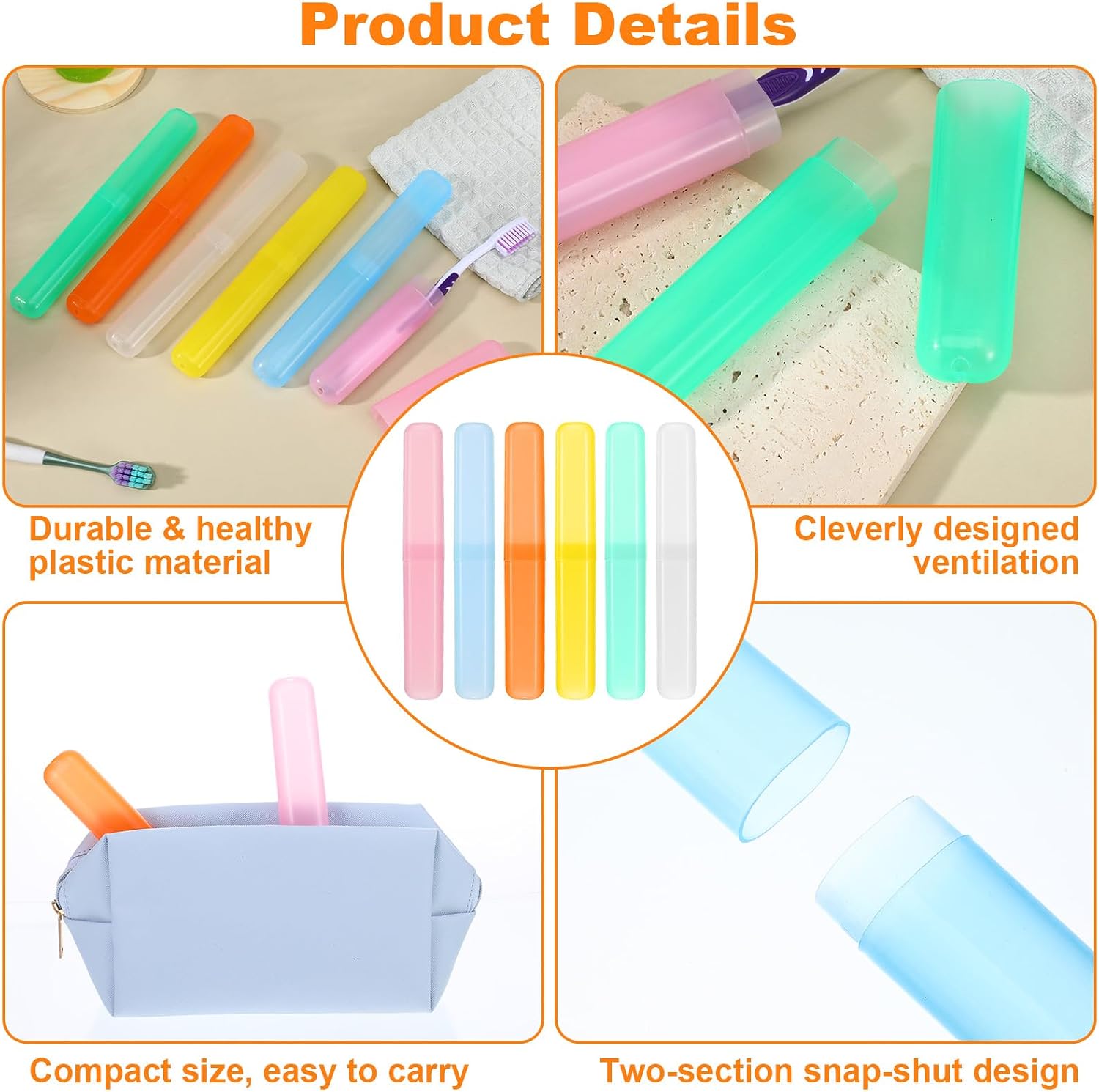 60 PCS Travel Toothbrush Holders, Bulk Plastic Toothbrush Case Cover with Ventilation Holes, Portable Dust-Proof Toothbrushes Storage for Travel, Home, Camping - 6 Assorted Colors