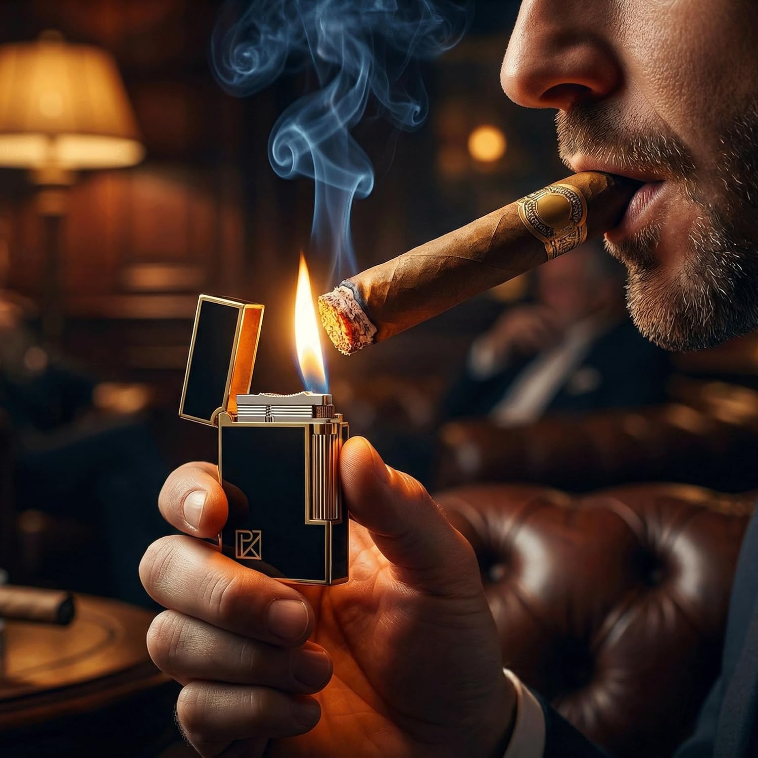 Luxury Metal Butane Lighter with Signature Ping Sound - Classic Soft Flame Cigar & Pipe Lighter, Refillable Flint Ignition, Elegant Black & Gold Vintage Design - Unique Gift for Men