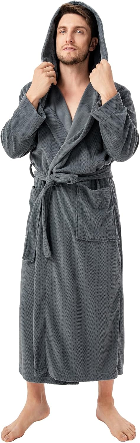 DAVID ARCHY Men's Robe Long Sleeve Lightweight Knit Bathrobe,Comfort Knee Length Hood Sleepwear