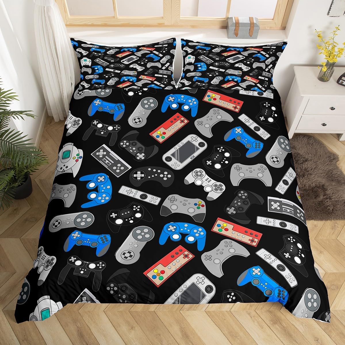 Erosebridal Teens Gamepad Duvet Cover Modern Gamer Comforter Cover King Size for Kids Boys Children Video Game Bedding Set Player Gaming Joystick Bed Set Gaming Room Decor (NO Filling)