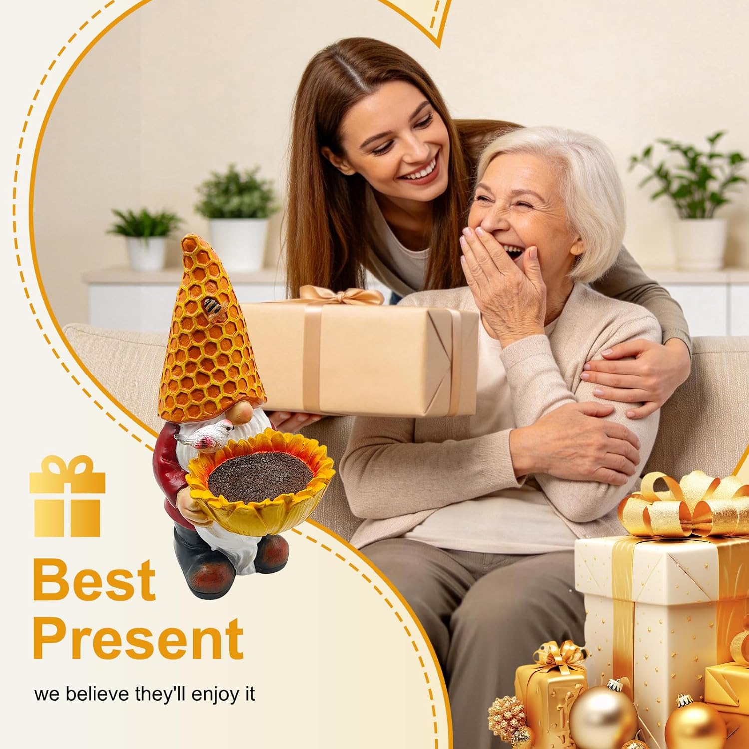 Solar Gnome Garden Statue with Honeycomb Hat & Sunflower Bird Feeder - Outdoor Decor with LED Lights for Patio, Lawn, Yard, Porch, Backyard,Best Garden Gifts for Mothers Day, Housewarming, Festival