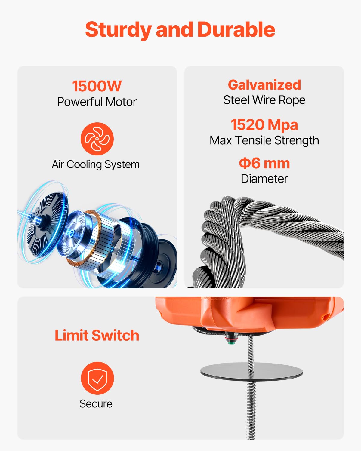 VEVOR Verricello Elettrico, Capacità 500 kg, Verricello Elettrico Portatile 1500 W, Altezza di Sollevamento 9,1 m, 4 m/min con Telecomando a Filo e Wireless, per Garage Fabbrica Sollevamento Traino