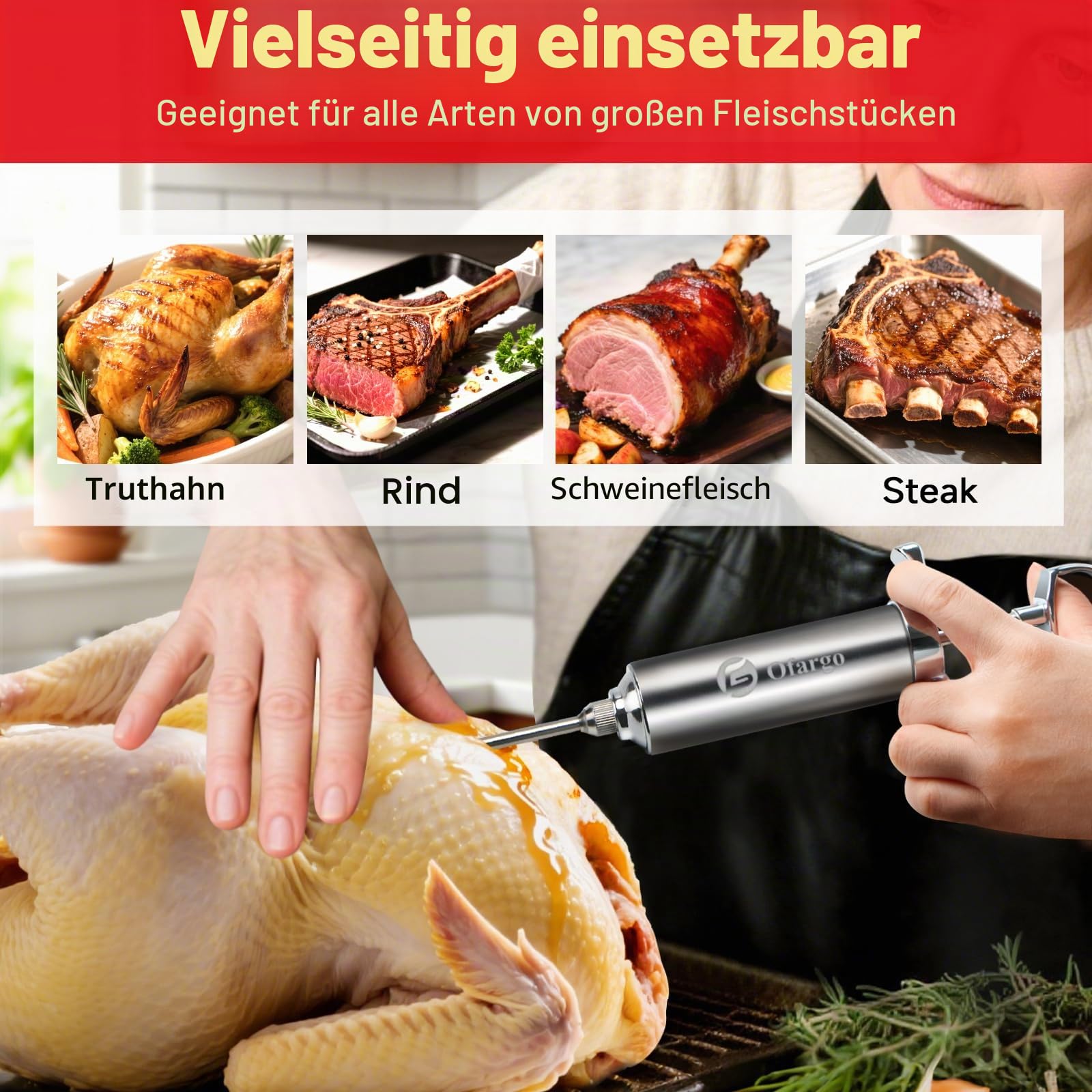 Ofargo Fleischspritze aus 304-Edelstahl, mit 4 Marinadennadeln und Reiseetui für Grill, Räuchern, 57 ml, großes Fassungsvermögen, Bedienungsanleitung und eBook-Rezept